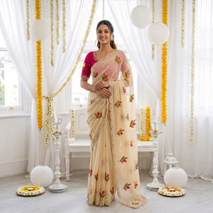 Sari de Seda Indio Tradicional AARA Fashion, Color Beige con Bordado Floral, Blusa Rosa, para Boda, Largo hasta el Suelo, Corte Regular, Protección Solar - Product Image 1