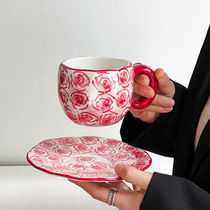 Tazas de Cerámica con Diseño de Flores y Corazones, Lindas y Hechas a Mano, para Agua, Leche, Jugo, Café, con Platillo, para el Té de la Tarde - Product Image 5