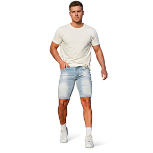 Pantalones Cortos de Mezclilla para Hombre, Lavado Claro, Cintura Media, Pierna Recta, Casuales, de Verano, de Algodón Transpirable, con Bolsillos - Product Image 1