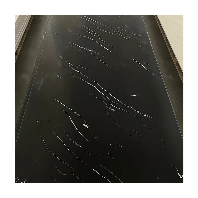 Grosir permukaan padat hitam dengan pembuluh putih halus 12mm modifikasi akrilik lembar actificial batu marmer untuk vanity makan malam atas