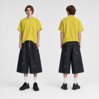 Shorts en jean personnalisés pour hommes OEM ODM Taille haute Jambe large Indigo Couture dorée Streetwear Été Hip Hop Boutons tricotés Vente en gros