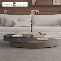 Table basse de salon au design moderne, plateau en verre, double tiroir de rangement en bois, table basse ronde rotative