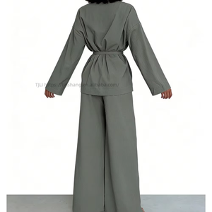 V-Neck Women's Blouse With Elegant Long Sleeves and <b>Tie</b> Detail, Paired With Stylish Wide-Leg Pants - 2-Piece <b>Set</b> Fashion - Product Image 6