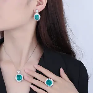 时尚人造蓝宝石水滴项链饰品套装绿色石材服装饰品项链耳环套装