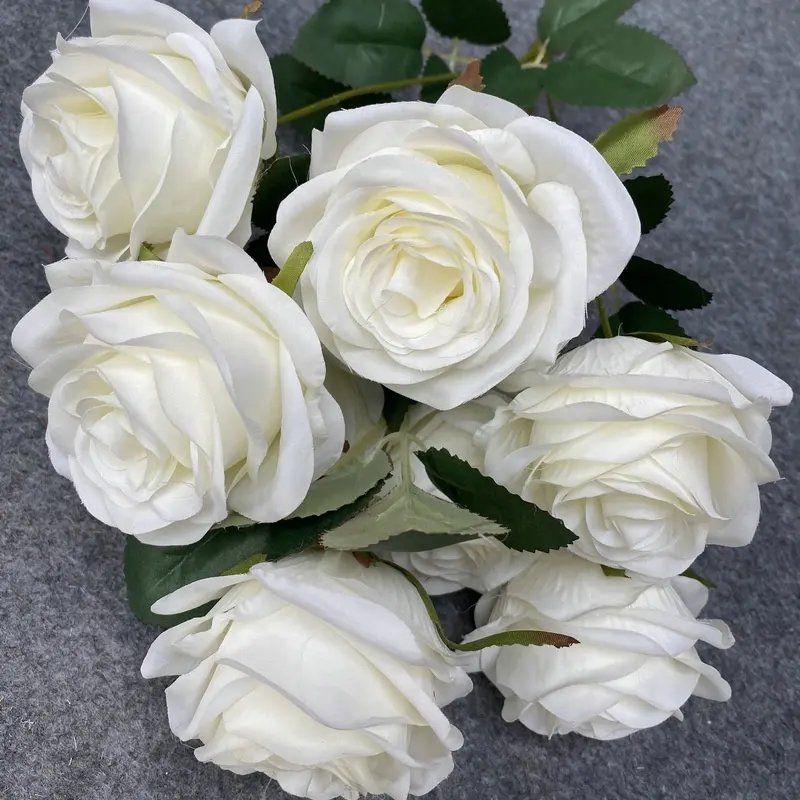 卸売白いバラ造花ビッグ9ヘッドシルク人工バラ花結婚式の装飾用