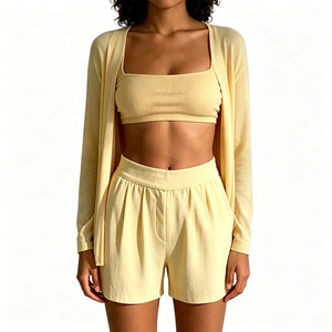 Custom Eco Friendly Women Pajamas Set Yellow Cotton Bamboo Knit Long Top Pants Cardigan Shorts Soft Loungewear <b>Pjs</b> Night Suits - Product Image 2