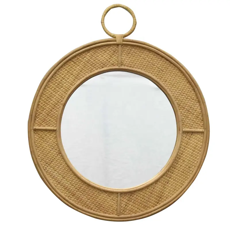 Handmade Round Rattan Bamboo Weave Hanging Wall Mirror Decorative Natural Wall Mounted Boho Mirror With Handle For Bedroom