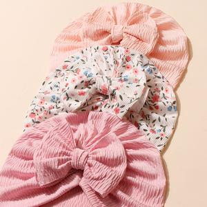 3 BH topi Beanie bayi baru lahir, hiasan kepala pita katun lembut motif bunga untuk anak-anak - Product Image 3