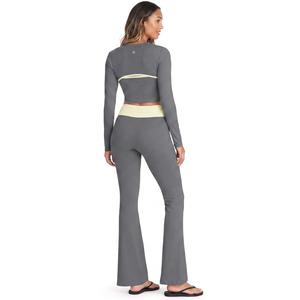 Ensemble sportif 2 pièces pour femme, sans manches, col croisé, pantalon évasé, tricoté, imprimé, couleur unie, respirant, vêtements de sport - Product Image 4