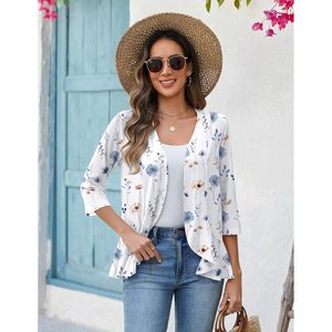 Women's Floral Print 3/4 Sleeve Lightweight <b>Cardigan</b> Open Front Draped Ruffles Kimono Coverup Casual Summer Top - Product Image 3
