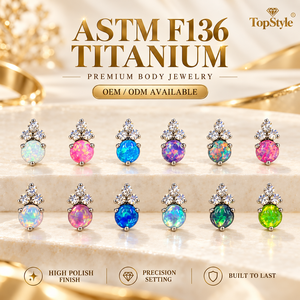 Bijou <span class=keywords><strong>de</strong></span> corps en titane ASTM F136 avec opale ronde et triple zircon, boucle d'<span class=keywords><strong>oreille</strong></span> pour <span class=keywords><strong>piercing</strong></span> hélix, cartilage, tragus - Product Image 1