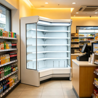Réfrigérateur vertical d'angle à rideau d'air ouvert avec refroidissement direct, grande capacité personnalisée, pour la présentation de produits en supermarché