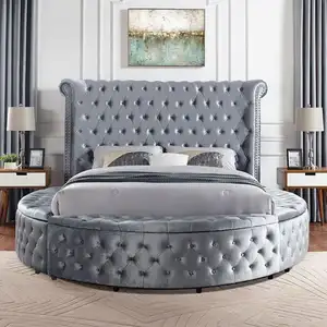 Upholstered Hotel Wooden Bed Modern Storage Queen Size Round Bed Frame