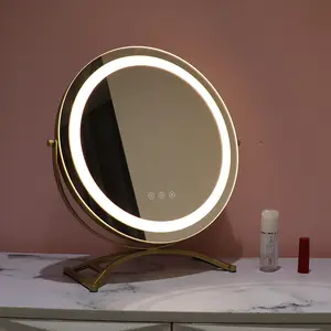 Best Selling Metal framed Round vanity Table desktop mirror with LED touch screen makeup three color switchable smart mirror