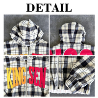 Sudadera con capucha de mezclilla con cremallera, de algodón personalizado, con efecto desgastado por el sol, a cuadros, de franela, con parche de chenilla, bordado y estampado, de doble capa, reversible y con lavado ácido.