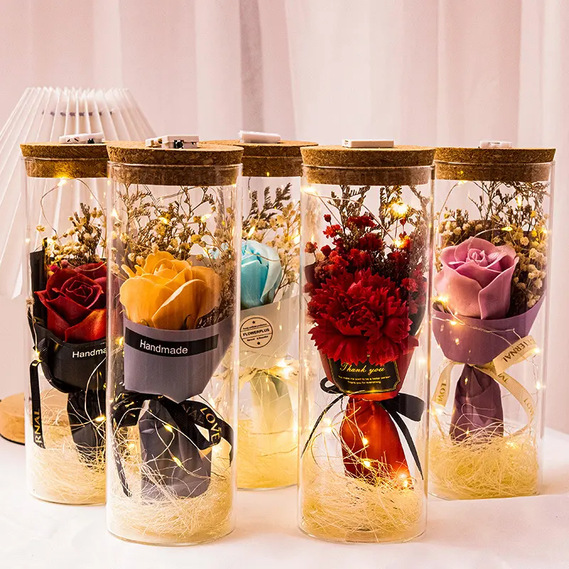 Wholesale Handmade Artificial Flowers Glow Wishing Bottle Glass Ball Artificia Flower For Valentine's Day Gift