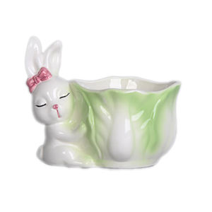 Vente en gros de pots de fleurs en céramique mignons en forme de lapin avec un nœud rose, en forme de feuille de chou, kawaii - Product Image 1