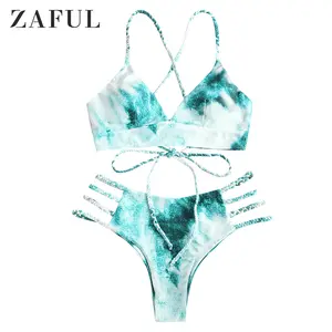 ZAFUL Tie Dye Geflochtene Träger Aus geschnittene Schnür-Tanga-Bikini-Bade bekleidung 2021