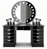 Coiffeuse de chambre moderne en bois massif noir antique avec miroir éclairé réglable et tiroirs – Meuble de maquillage