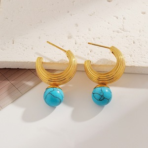 Boucles d'oreilles en acier inoxydable avec turquoise bleue, plaquées or 18 carats, design géométrique pour femmes - Product Image 3