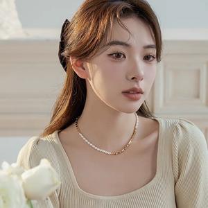 <b>14K</b> <b>Gold</b> Beaded <b>Necklace</b> with Natural Freshwater Rice Beads Luxury Short Style Collarbone Chain Fine Beaded <b>Necklaces</b> - Product Image 2