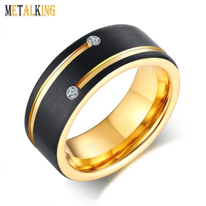 Duo Tone Tungsten Gemstone Rings 8mm Gold And Black Plated Wedding Band Cubic Zirconia Inlay