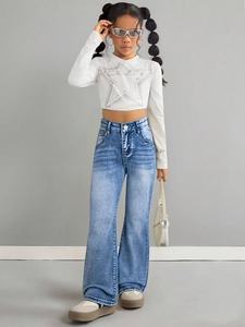 Taille haute évasé <span class=keywords><strong>jean</strong></span> fille Slim Fit Denim pantalon décontracté jambe droite pantalon été saison adolescentes Fasion - Product Image 4