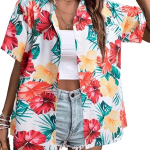 <b>Women's</b> Vintage Retro Short <b>Hawaiian</b> <b>Shirt</b> Knitted Loose Soft Cool Summer Floral Tropic Print V-Neck Blouse Short Sleeve Button - Product Image 2