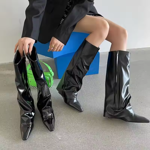 Trendy <b>Wedge</b> Women <b>Heel</b> Shoes Pointed Toe Leather 7 CM <b>High</b> <b>Heels</b> Shoes Square Toe Knee-<b>high</b> Boots Comfortable Ladies Boots - Product Image 3