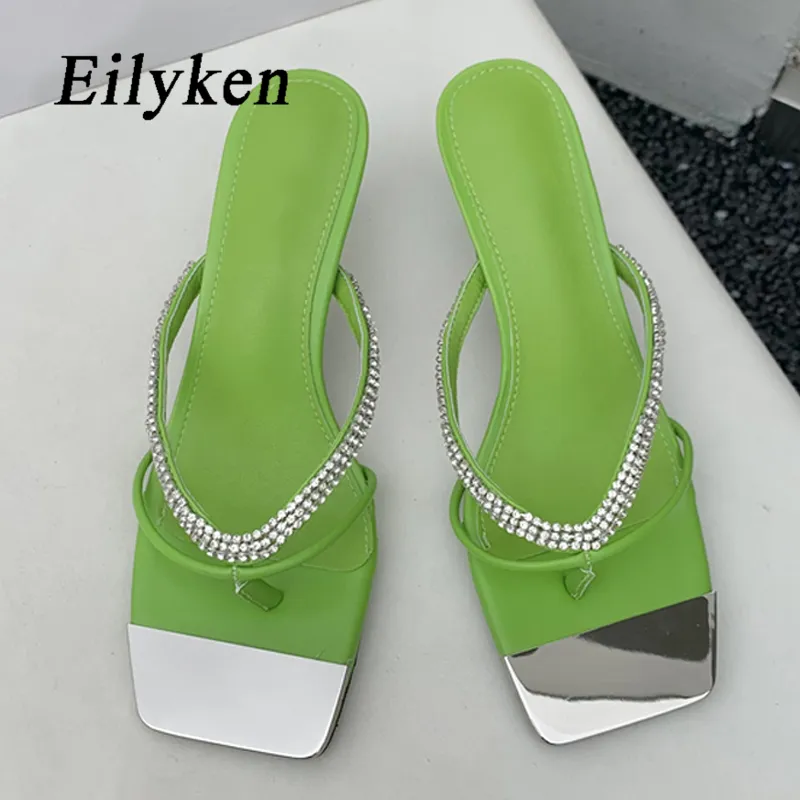 Eilyken Green White CRYSTAL Clip Toe Slide Women Slippers Low Heels Flip Flops Shoes Summer Wedding Dress Female Sandals