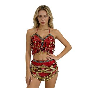 Ensemble de costume de danse orientale, soutien-gorge à sequins, chaîne de taille épaissie et élargie à double rangée de diamants, <span class=keywords><strong>tenue</strong></span> de spectacle sur scène - Product Image 3