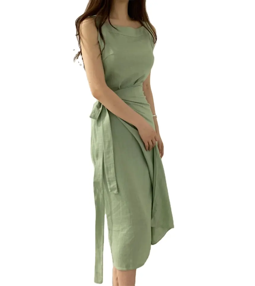Hot Selling Korean Styles Women Clothing Sleeveless Linen Cotton Wrap Dress Green Slip Dresses