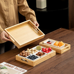 Plateau de service en bambou avec poignée, rectangulaire, pour collations, thé, café, usage hôtelier, couleur unie F15555 - Product Image 1