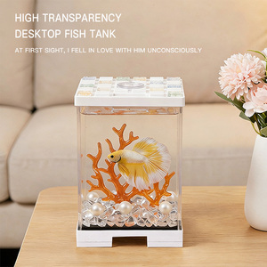 Pecera de escritorio JSD para peces Betta, acuario pequeño apilable de acrílico con luz LED, tapa de mosaico, mini pecera para Guppy y peces pequeños - Product Image 4
