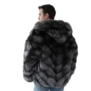 Luxury costom winter coat men hoodies real silver fox fur jacket coat for men