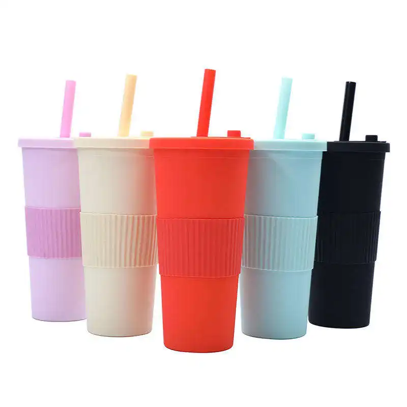 Wholesale 24oz Colorful Plastic Silicone Sippy Cup Double Wall Tumbler Milk Tea Cup Snow Globe Skinny Tumbler With Lid And Straw