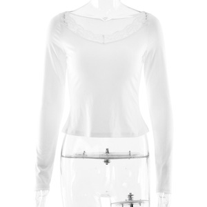 Camiseta de manga larga con cuello en V y ribete de encaje para mujer, camiseta de punto suave de color sólido, capa interior, estilo europeo - Product Image 5