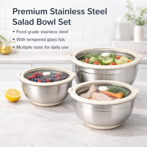 Tazón de Acero Inoxidable al por Mayor con Tapa de Vidrio, Base de Silicona Color Crema Personalizada, Tazón <span class=keywords><strong>para</strong></span> Mezclar, Fábrica OEM - Product Image 1