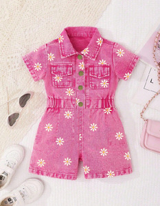 <span class=keywords><strong>Combinaison</strong></span> en jean décontractée pour filles 2026, à manches courtes, col à revers, taille ornée de perles et de fleurs, en tissu peigné imprimé - Product Image 1