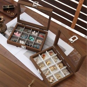 Boîte de rangement pour bijoux, en bois de noyer exquis avec couvercle en verre transparent, anti-poussière, grande capacité, pour bijoux à clous, bagues et - Product Image 2