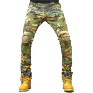 利洛嘻哈设计迷彩印花品牌紧身破洞牛仔裤男士紧身2024时尚仿旧摩托车复古