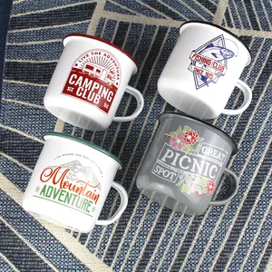 Caneca vintage de esmalte de lata, caneca de café com borda rolada, impressão personalizada, copo de chá esmaltado