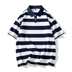American black and white striped short-sleeved T-shirt POLO shirt men 2024 lapel cotton loose men's summer T-shirt trend