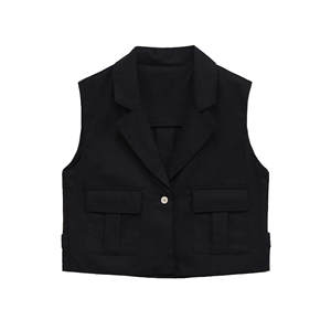 Chaleco Informal Transpirable de un Solo Botón con Cuello Corto Entallado y Tejido Negro para Mujer - Product Image 1