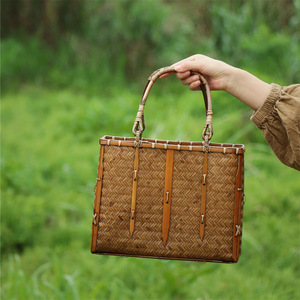 Handmade Bamboo Woven Bag Japanese Zen Style Women's Tote Eco Friendly Casual Beach Bag 3L Capacity Two Handles - Product Image 3