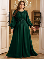 Robe de soirée maxi tendance pour femmes grandes tailles, couleur unie, col rond, manches lanternes, avec décoration en sequins plissés sur le devant