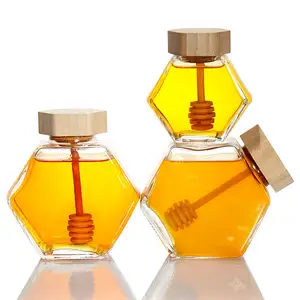 High Quality 220ml 3800ml Small Hexagonal Shape Transparent Empty Glass Honey Jar With Wooden Lid