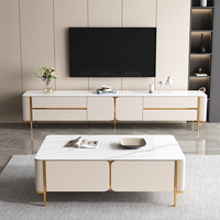 Meuble TV moderne de luxe Modhomi avec plateau en pierre frittée, ensemble de meuble TV et table basse, table centrale blanche pour salon