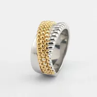 Zweifarbiger Strukturierter Breiter Unisex Edelstahl Mode-Ring, Perlenbesetzter Gerillter Statement-Fingerring für Tägliches Tragen