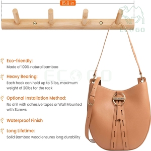 Bamboo Wood Garment Wall Mounted Rack <b>Clothes</b> Holder <b>Storage</b> Organizer Coat Hanger with 4 Hooks for Bedroom & Hotel - Product Image 6